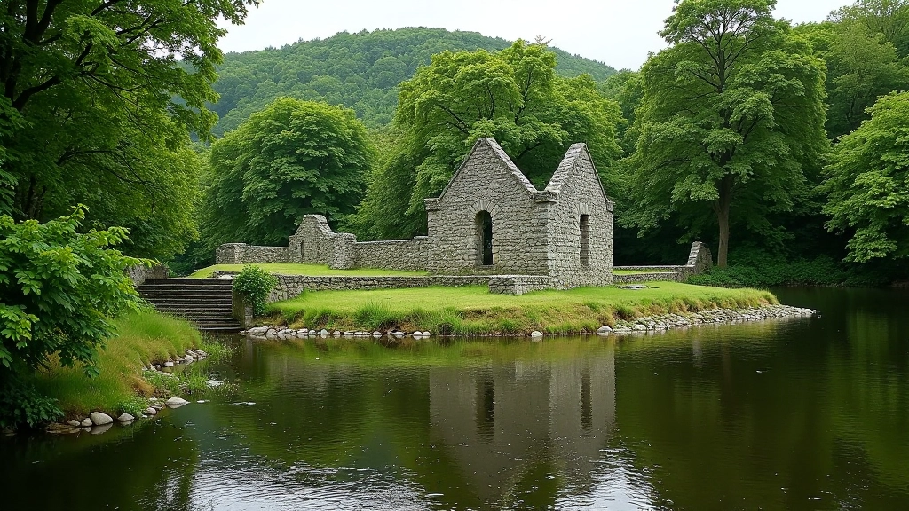 Ancient stone monastic ruins on Innisfallen Island surrounded by trees and overgrown vegetation