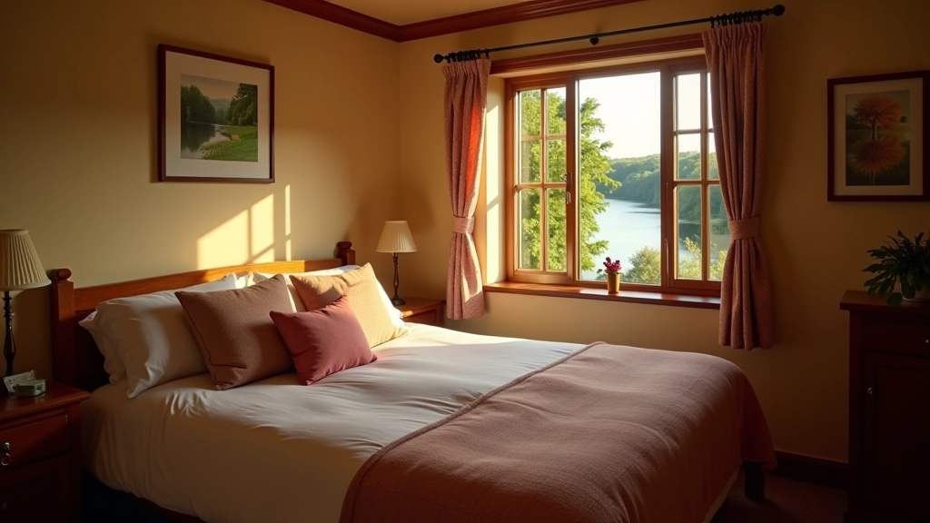 Cozy cottage bedroom with view of river valley, traditional Irish decor and comfortable furnishings