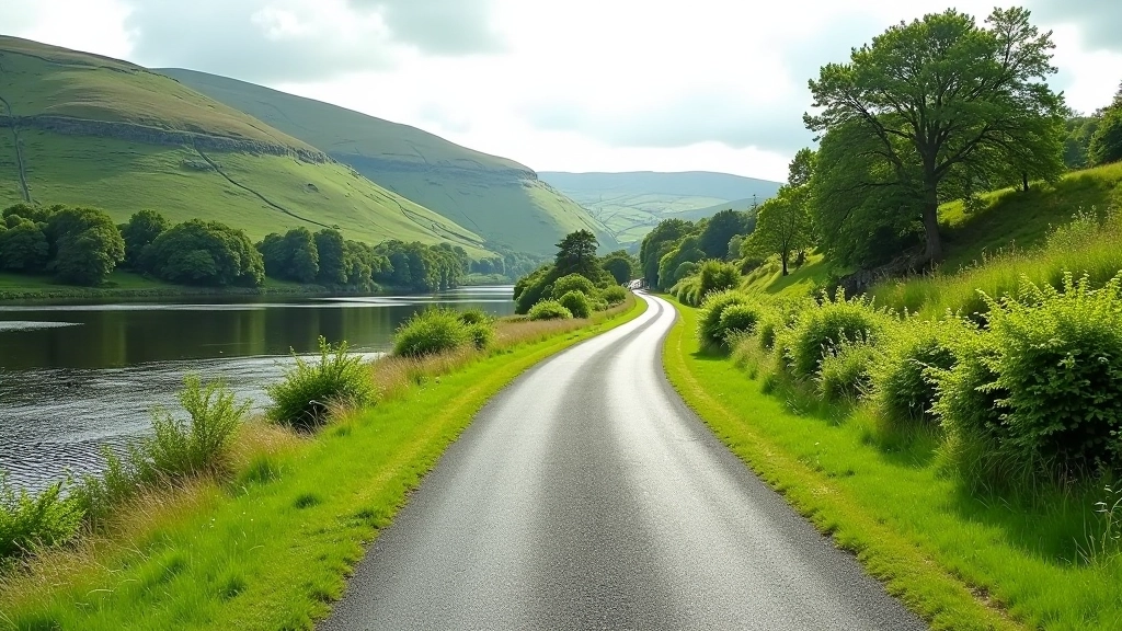 Country road in Kerry with scenic riverside views, winding through green landscape with parked cars visible