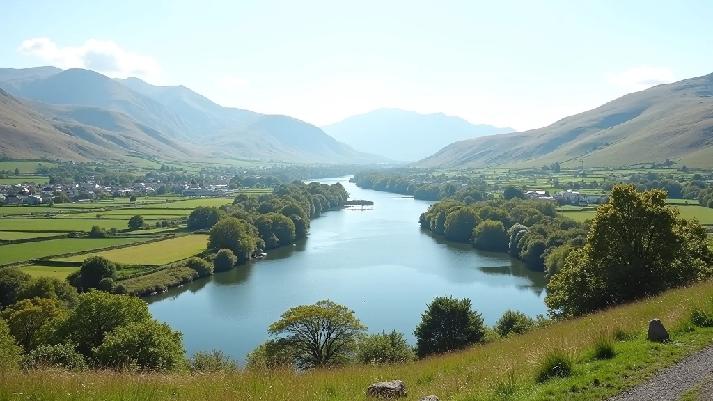 Kenmare town landscape with river visible in distance, mountains in background, aerial view of the town