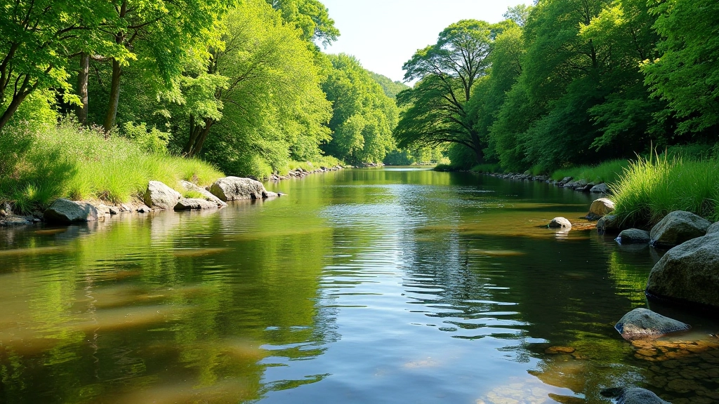 Natural pool formed in Laune River with clear water, surrounding vegetation and smooth rock formations visible underwater
