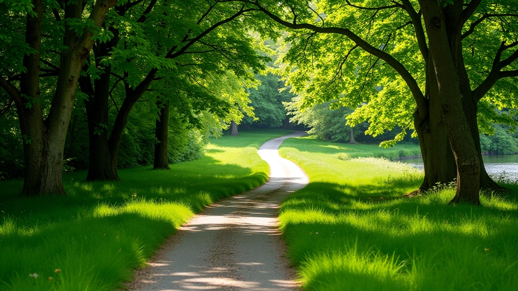 Peaceful walking path on Innisfallen Island lined with trees, dappled sunlight on grass