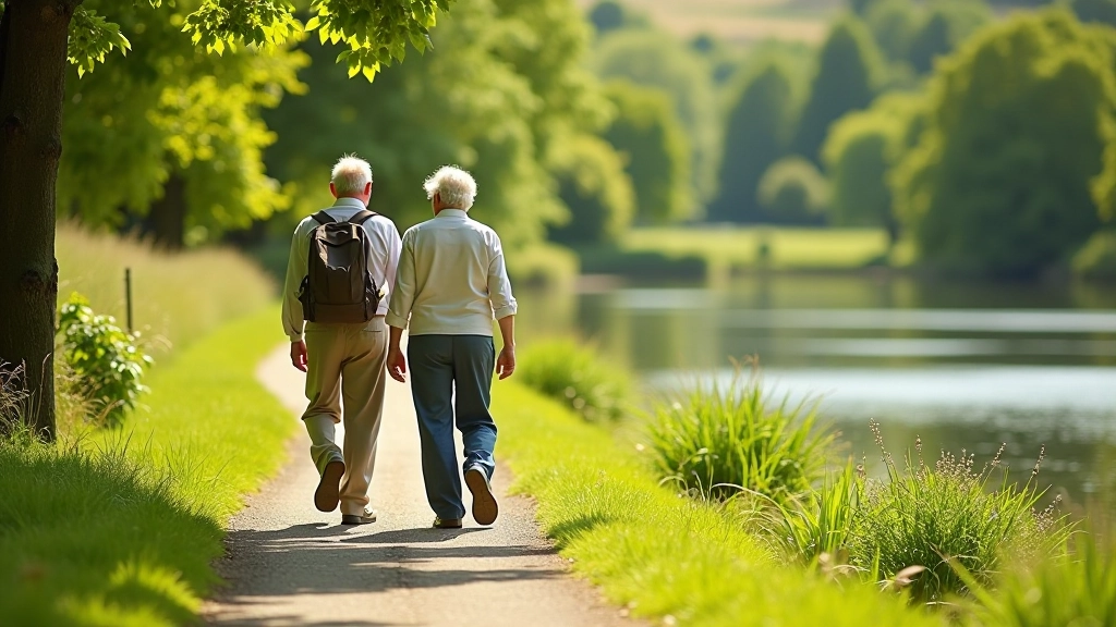 Retired couple walking together along a riverside path with scenic views