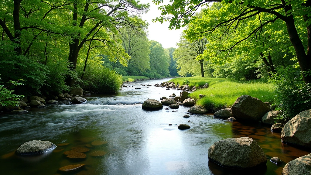 Laune River flowing gently between tree-lined banks with natural swimming pools visible