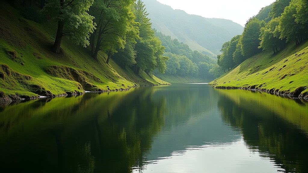 Secluded natural pool in Laune River surrounded by steep banks and mature trees, water surface perfectly still and reflective