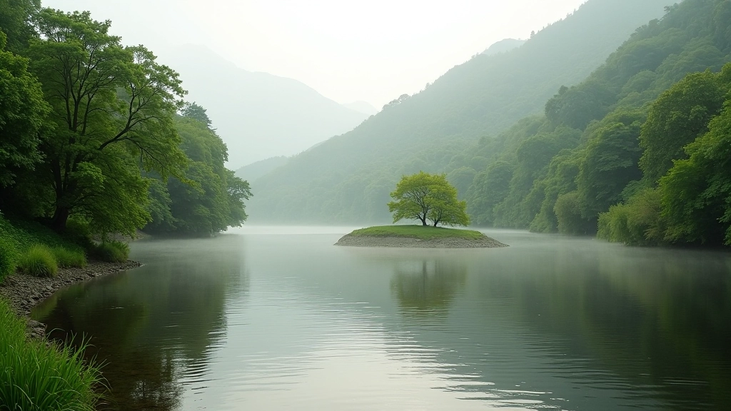 Peaceful Laune River landscape in County Kerry with verdant shores and morning mist