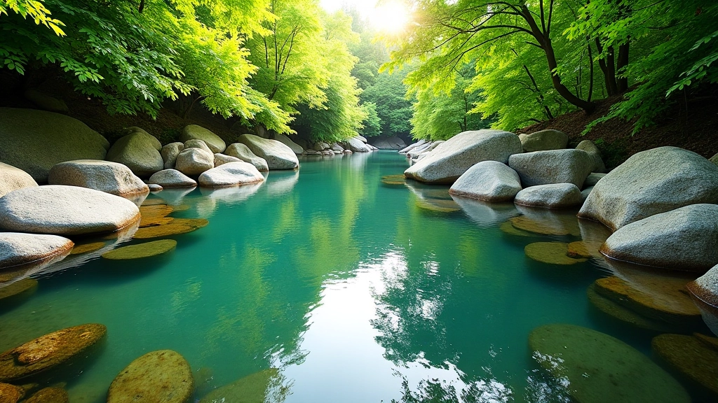 Peaceful weir pool surrounded by rocky banks and lush green vegetation along the Laune River
