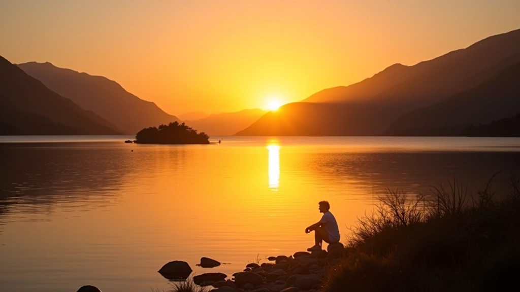 Sunset over Lough Leane with Innisfallen Island silhouette and mountains in background