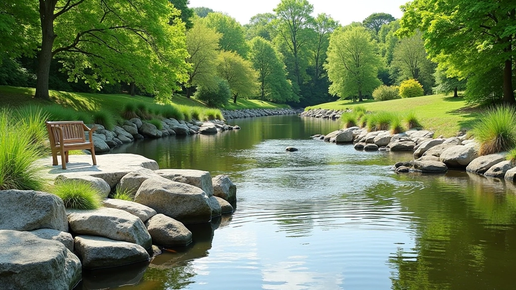 Weir pool area with clear water and smooth stone banks, showing safe sitting areas and natural surroundings