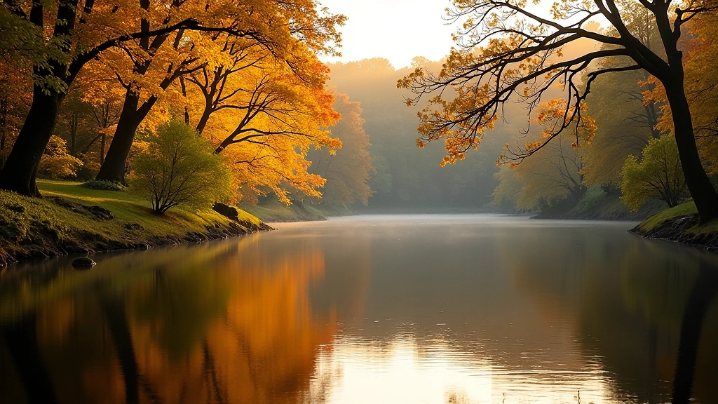 Weir pool surrounded by autumn foliage with trees reflected in calm water, golden light filtering through branches
