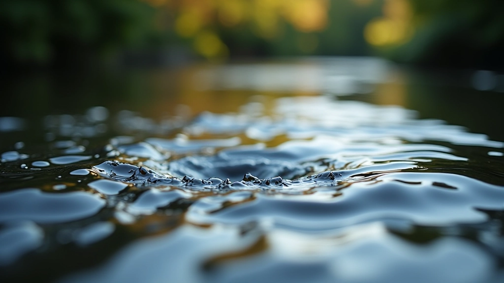 Close-up of weir pool water surface with ripples catching afternoon sunlight, stone weir structure visible in background