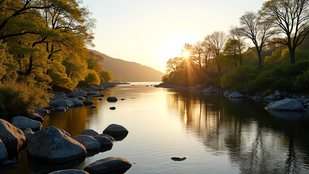 Serene riverside landscape with rocky banks and calm water reflecting trees and sky