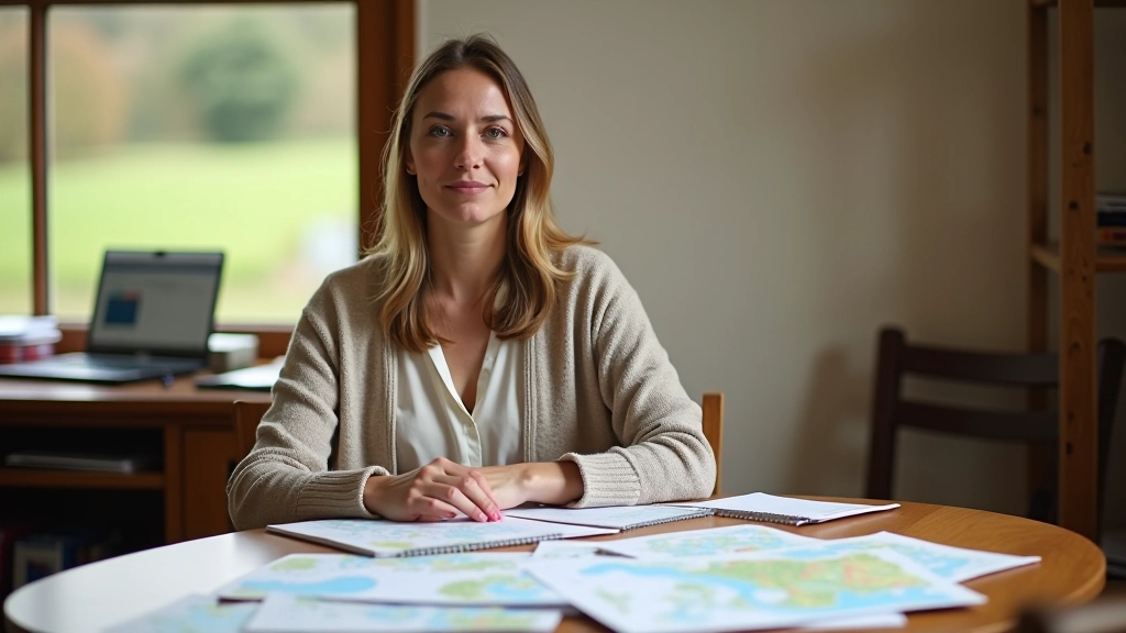 Siobhán working at her desk researching Kerry's riverside destinations, surrounded by maps and field notes from Innisfallen Island and Laune River sites