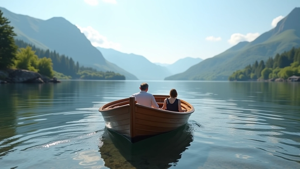 Wooden boat departing from Killarney shore toward Innisfallen Island, calm lake waters and mountain backdrop